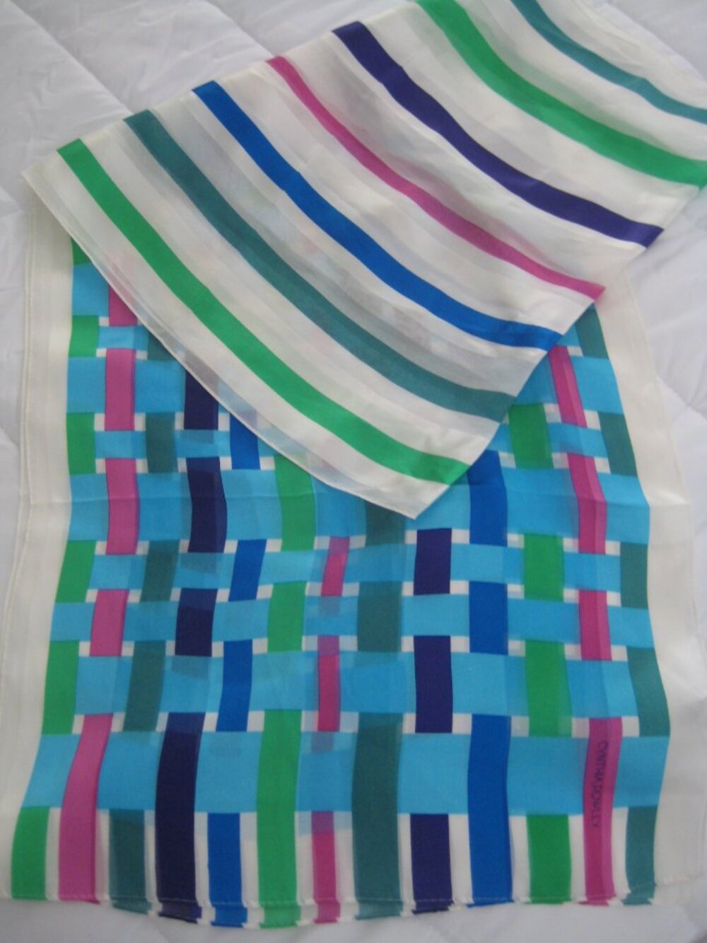 60" x 14" OBLONG 100% SILK SCARF WHITE, TURQUOISE, PINK, GREEN by CYNTHIA ROWLEY